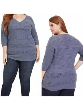 Torrid Dusty Blue Pointelle Pullover V-Neck Tunic Sweater Plus Size 2X